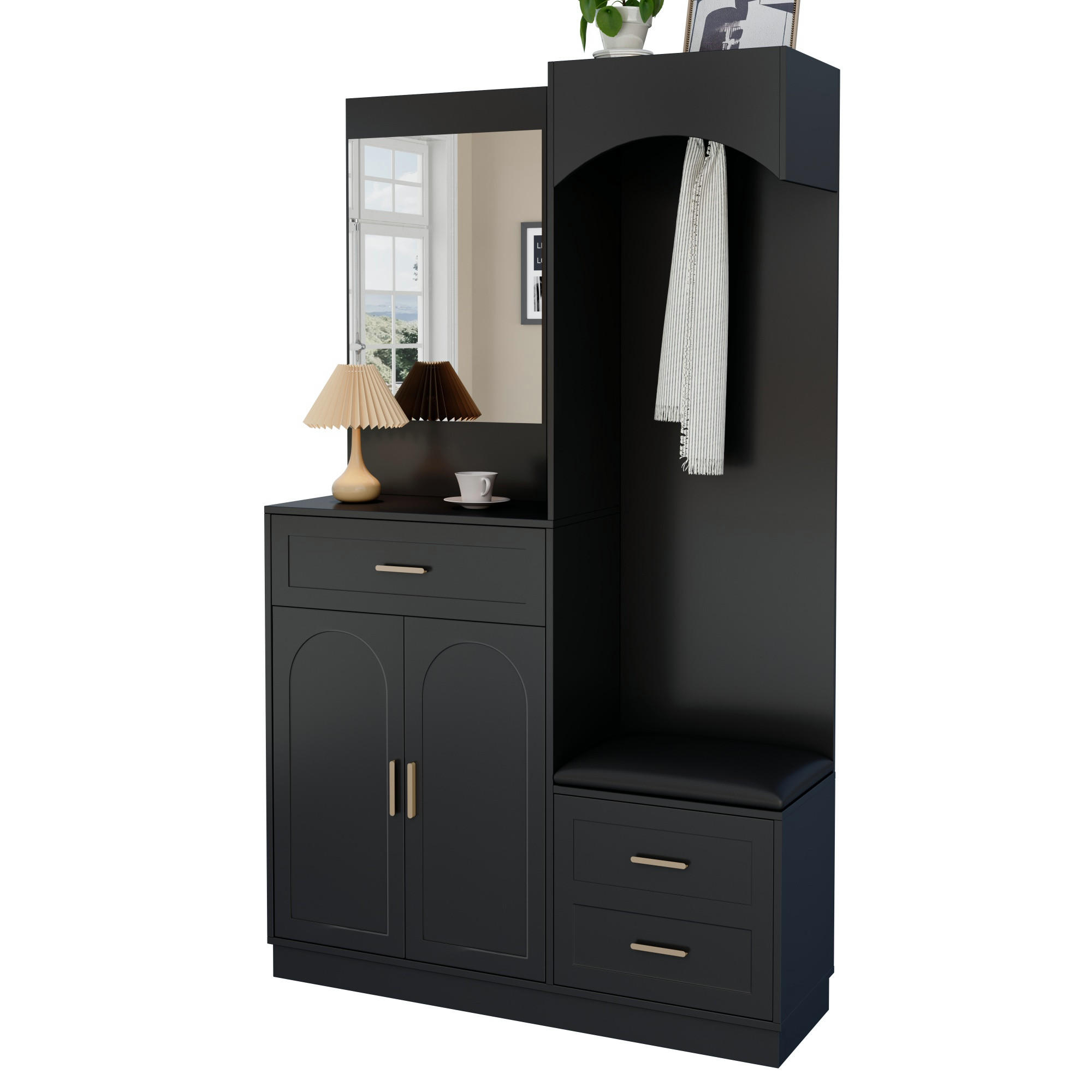 GARDEROBE Set Spiegel Schuhschrank - Schwarz, Holz (110/185.5/33cm) - LEBENLANG