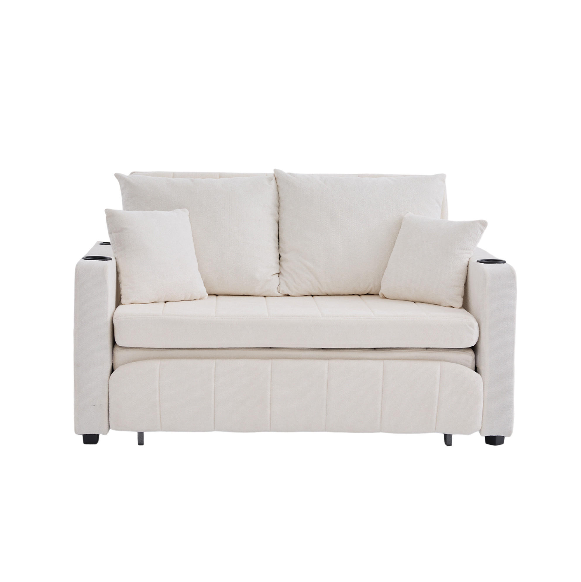 Modfu ROZKLÁDACÍ pohovka z chenille 139x83x58 cm béžová s úložnou kapsou a 4 polštáři