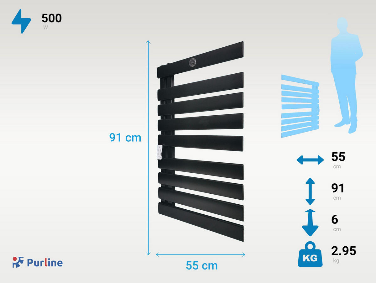 HANDTUCHTROCKNER Schwarz mit Elektrosystem und Wandhalterung 500 W - Schwarz, Metall (55/91/6cm) - Purline