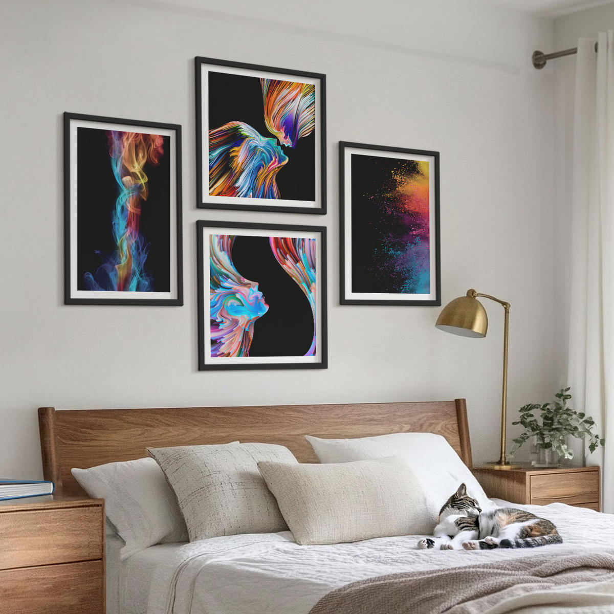 WANDBILDER 4er-Set - 50x50 cm & 40x60 cm Schwarzer Rahmen - Farbenfrohe Abstraktionen, Gesichter, Formen - Schwarz, Kunststoff (50/50cm) - ArtPrintCave