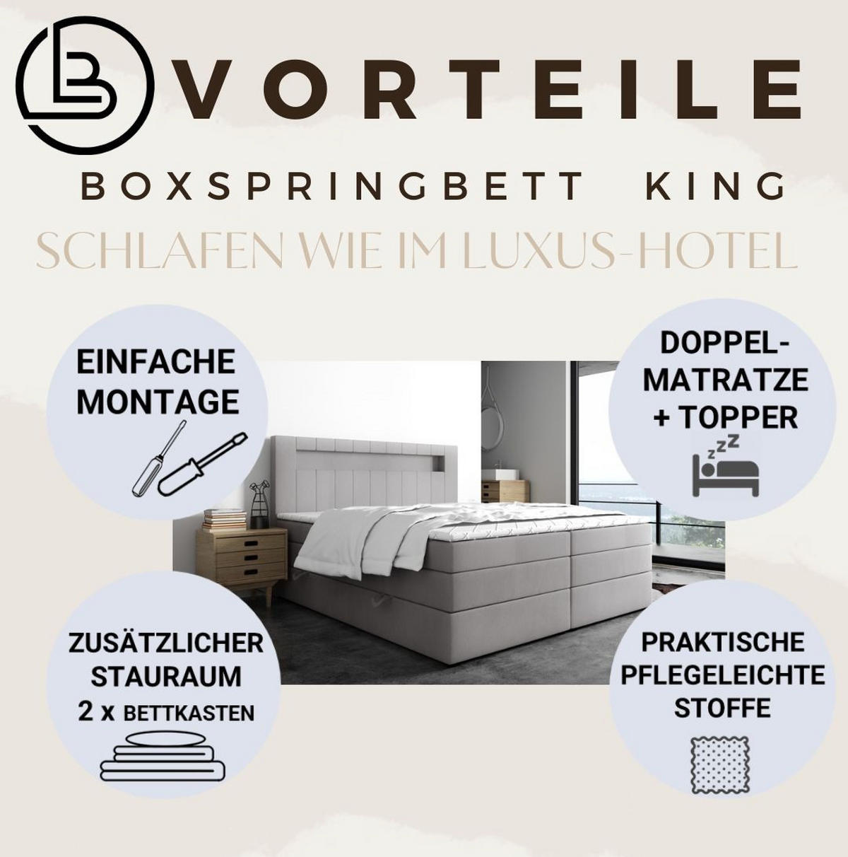 BOXSPRINGBETT Igella King Dunkelgrau 200x200 cm mit Matrazen H3 & Topper - Dunkelgrau, Holz (200/200cm) - Labett
