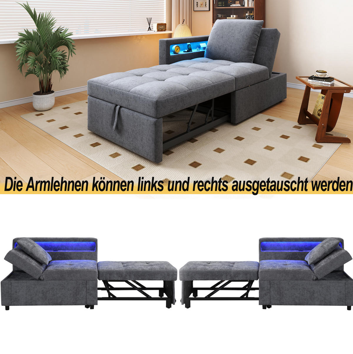 SCHLAFSOFA 3-in-1 Leinenstoff mit USB-Anschluss und LED Hellgrau 177/68/65 cm - Hellgrau, Textil (68/65/177cm) - Redom