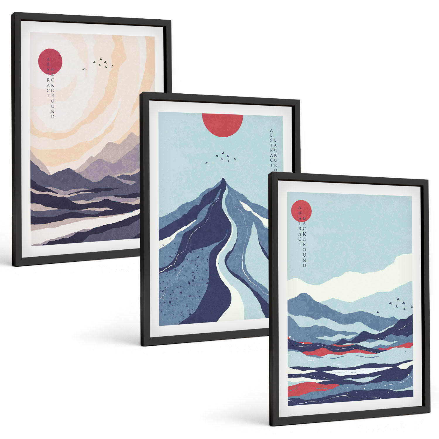 BILDER SET 3er Set - 40x60 cm Schwarzer Rahmen - Abstrakte japanische Berge - Schwarz, Kunststoff (40/60cm) - TULUP