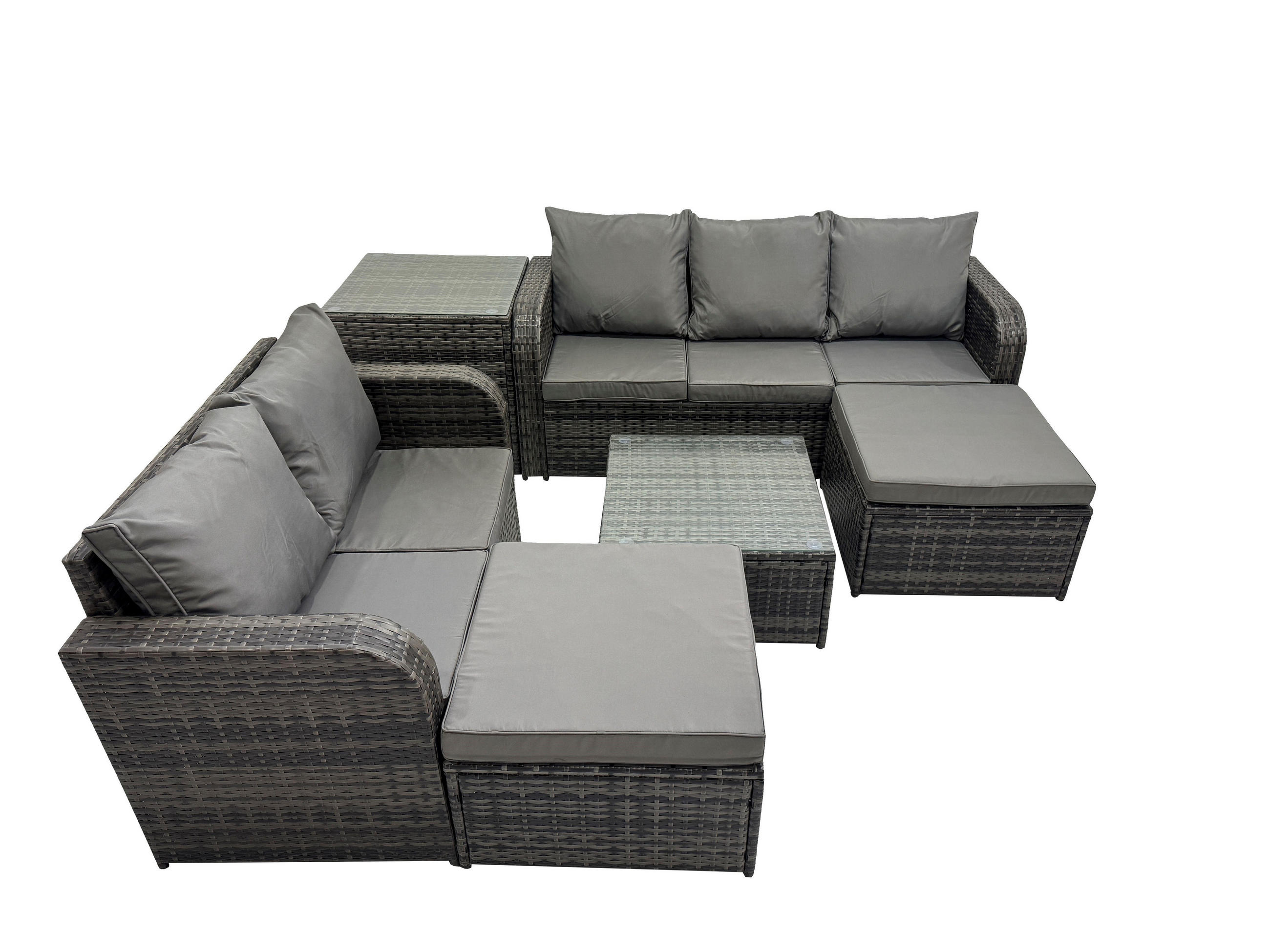 GARTENMÖBEL SET mit 3-SITZER SOFA Polyrattan Dunkelgrau 7-Sitzer - Dunkelgrau/Grau, Glas/Kunststoff - Fimous