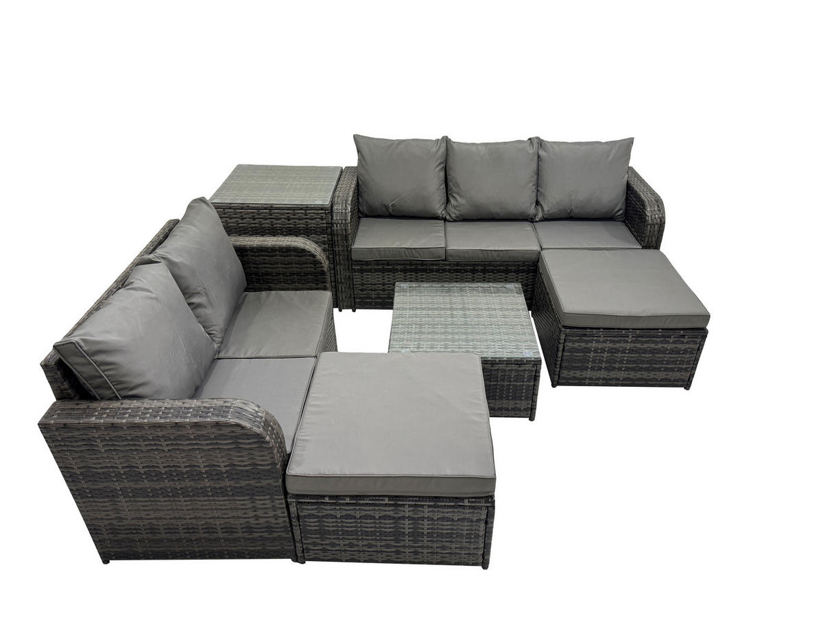 GARTENMÖBEL SET mit 3-SITZER SOFA Polyrattan Dunkelgrau 7-Sitzer - Dunkelgrau/Grau, Glas/Kunststoff - Fimous