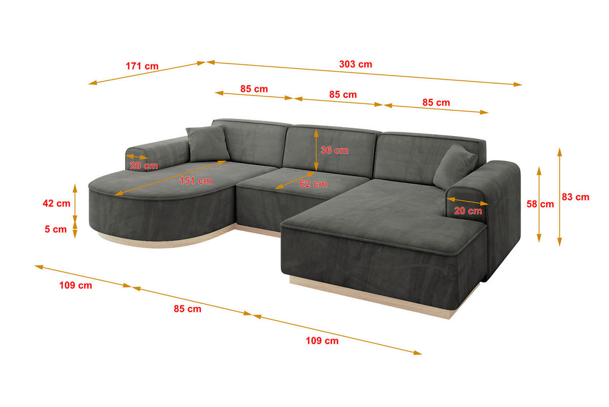 WOHNLANDSCHAFT ARRIO-U1 303x171x83 cm Anthrazit - Anthrazit, Holzwerkstoff/Textil (303/83/171cm) - ALTDECOR