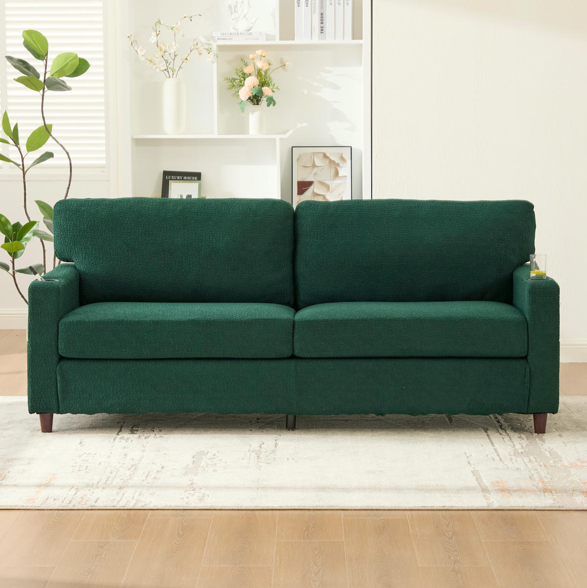 ZWEISITZER Sofa Chenille mit USB-Anschluss LED und Getränkehaltern 203/77,5/86 cm Smaragdgrün - Smaragdgrün, Textil (77.5/86/203cm) - Redom