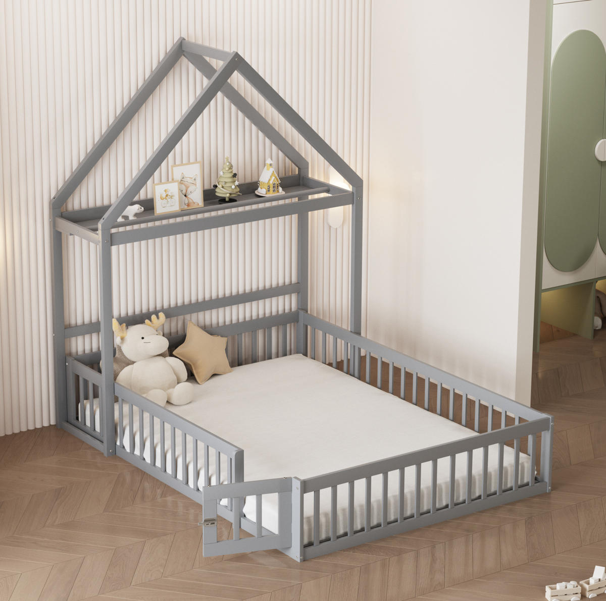KINDERBETT aus Massivholz 140x200 cm in Grau mit Lattenrost & Kleiderstange - Grau, Holz (140/200cm) - Modfu