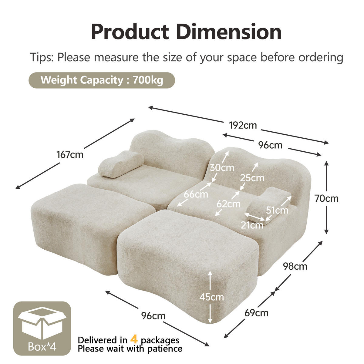 2-SITZER SOFA Samt Beige mit 2 Hockern - Beige, Textil (192/70/167cm) - WISHDOR