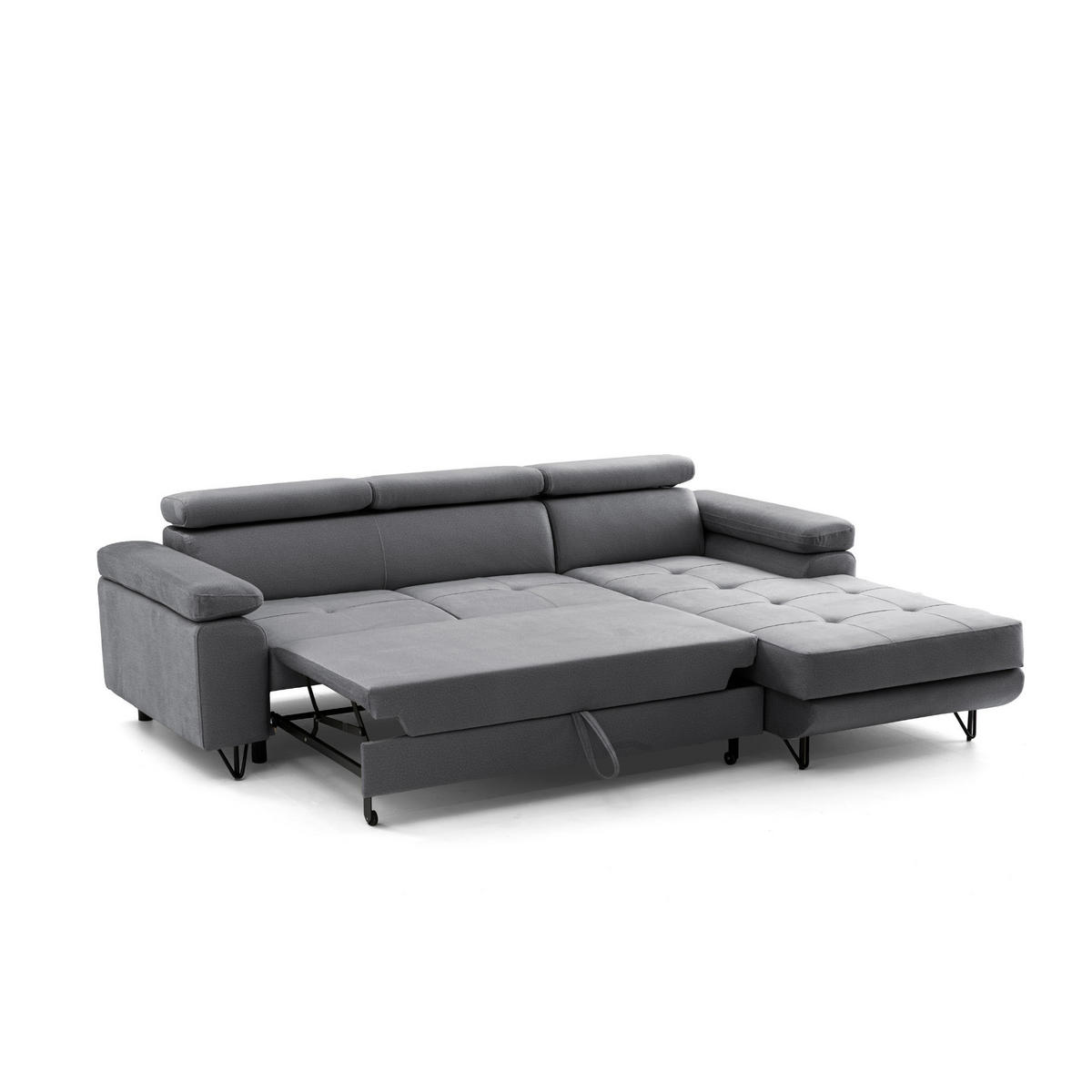 ECKSOFA NORIS L Rechts mit Schlaffunktion 128x203 Velours Dunkelgrau - Dunkelgrau/Schwarz, Holz/Textil (183/250cm) - Muffo
