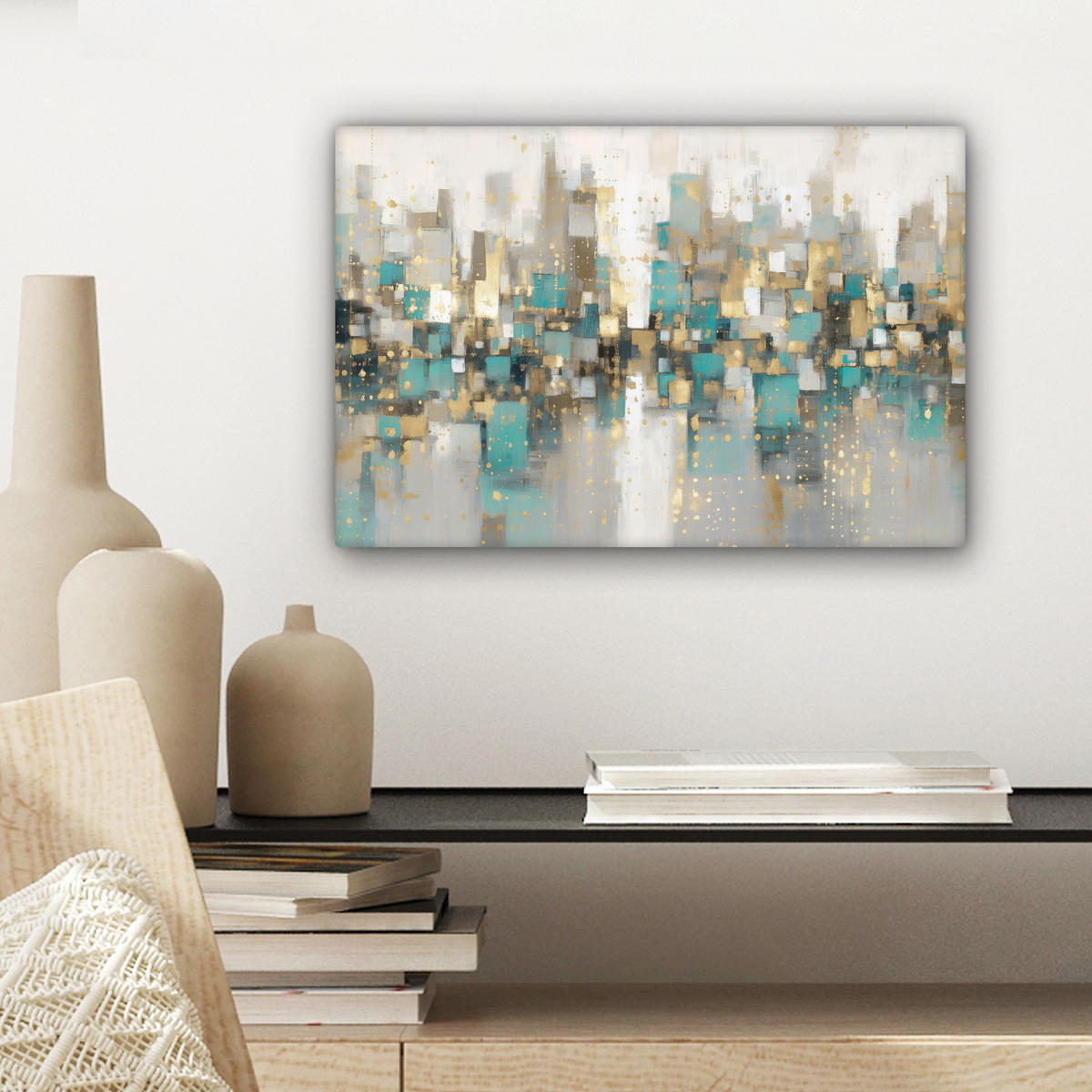 LEINWANDBILD Abstrakt - Blöcke - Gold - Skyline Deko Schlafzimmer 30x20 cm - Beige, Textil (30/20cm) - MuchoWow