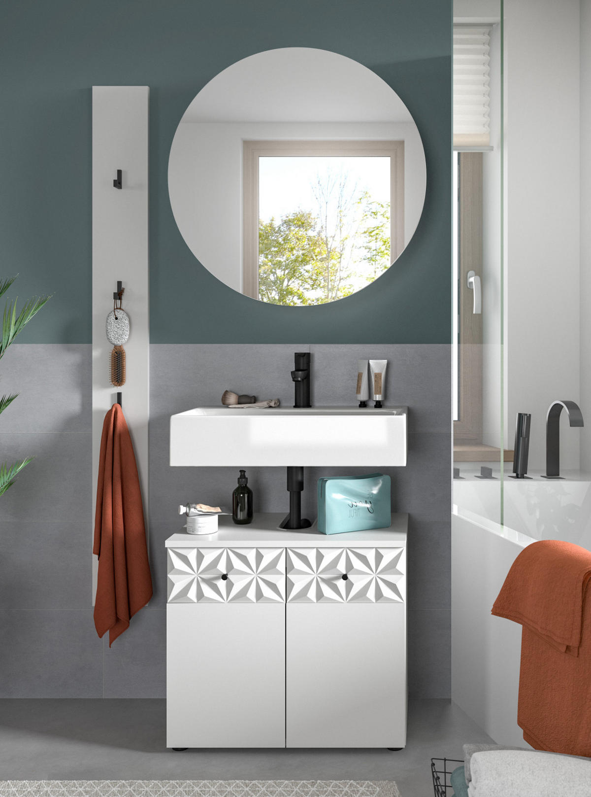 BADMÖBEL-SET weiß Hochglanz 3-teilig 100 cm, Komplettset mit 3D-Struktur - Weiß Hochglanz, Glas/Holzwerkstoff (101/187/37cm) - Inn.Furn