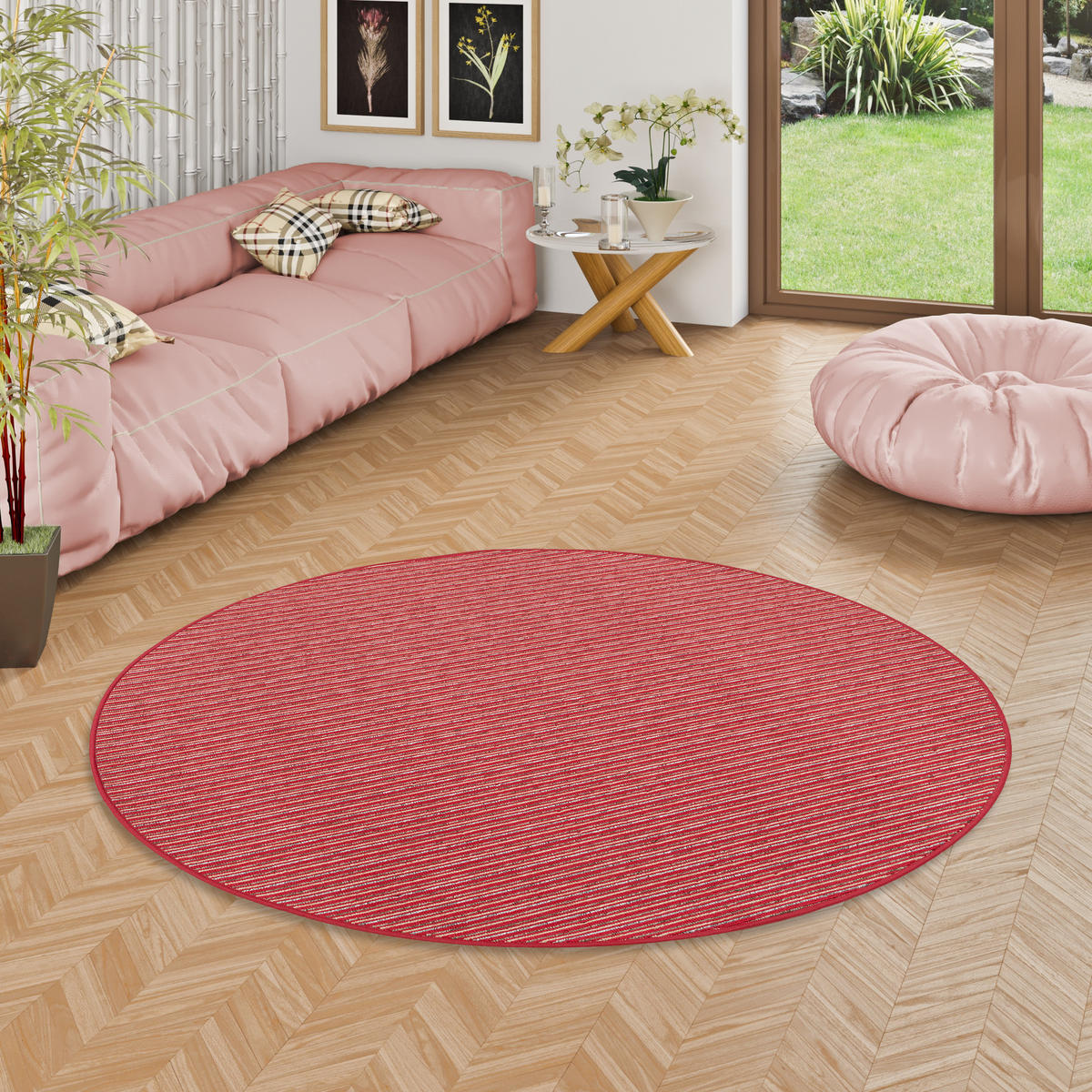 STREIFENBERBER TEPPICH MARTA RUND - Rot, Textil (160/160cm) - Snapstyle