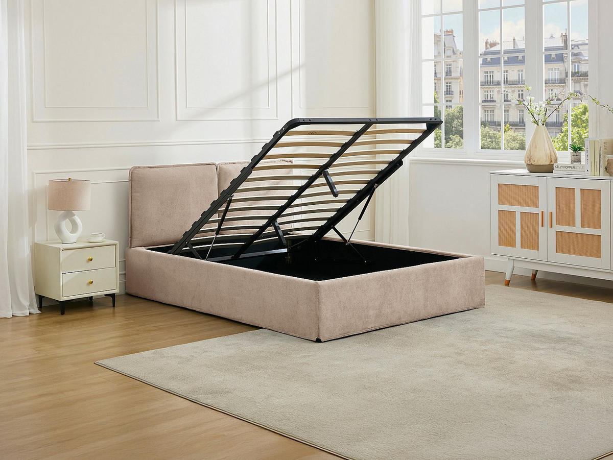 BETT mit Bettkasten - 2 Personen - Stoff - Beige - - Beige, Textil (160/200cm) - Vente-Unique