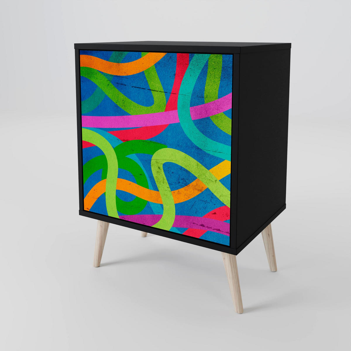 SIDEBOARD STREAMER TANGLE, Schwarz, 57,5x42x67,5 cm, Schwarze Metall-Rahmenfüße - Multicolor/Schwarz, Holzwerkstoff/Metall (57.5/67.5/42cm) - SpaceRebels
