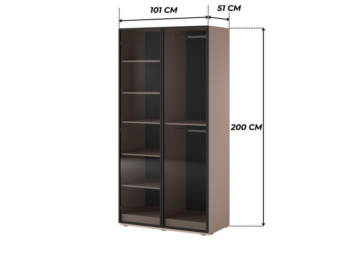 KLEIDERSCHRANK ZEN (Modular, Beige Matt, Getöntes Glas Antisol, 2-türig) - Beige/Schwarz, Holz/Holzwerkstoff (101/200/51cm) - Ravio