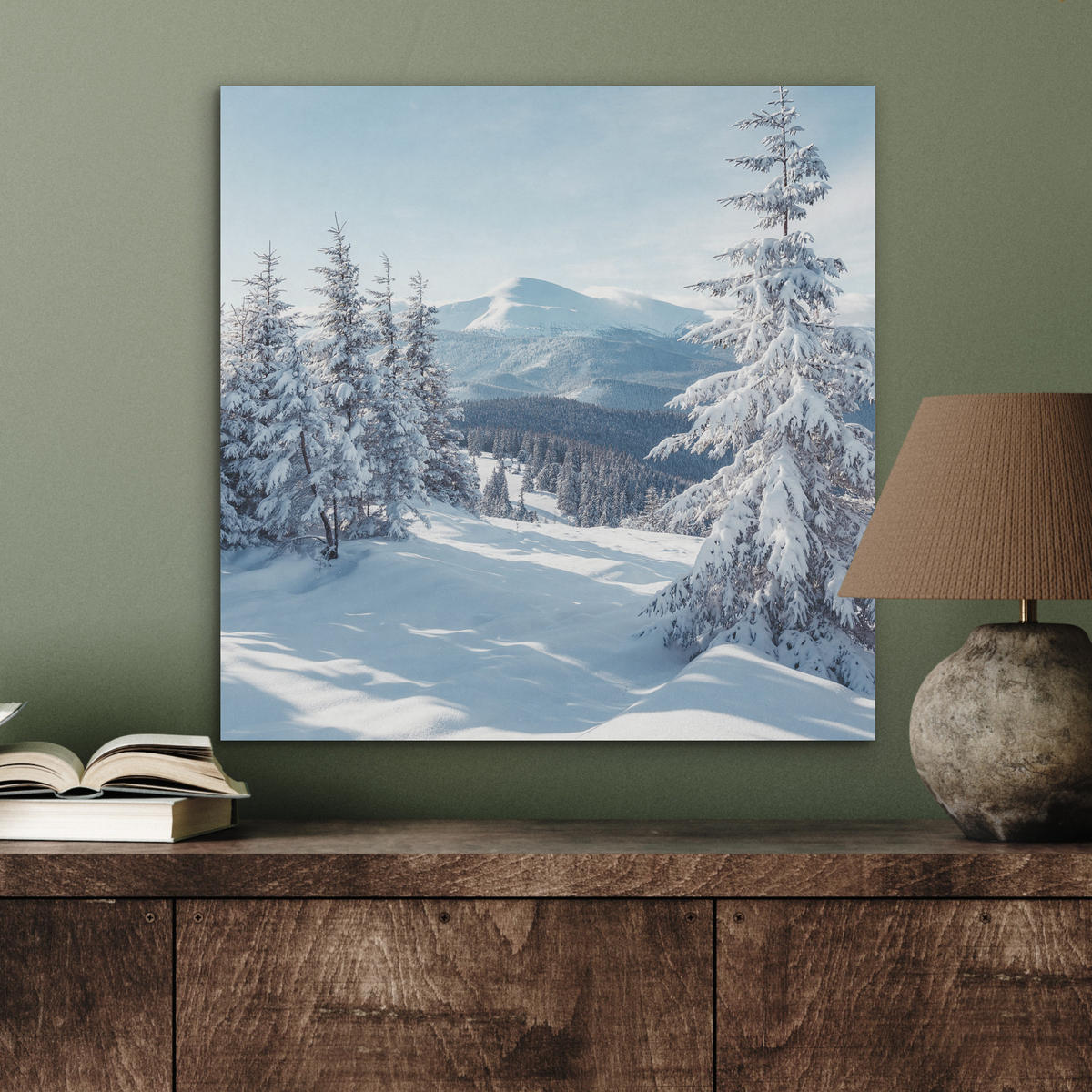 AKUSTIKBILD Winterlandschaft - Natur - Berge - Bäume - Schnee Wandbilder 60x60 cm - Hellblau, Kunststoff (60/60/0.9cm) - MuchoWow