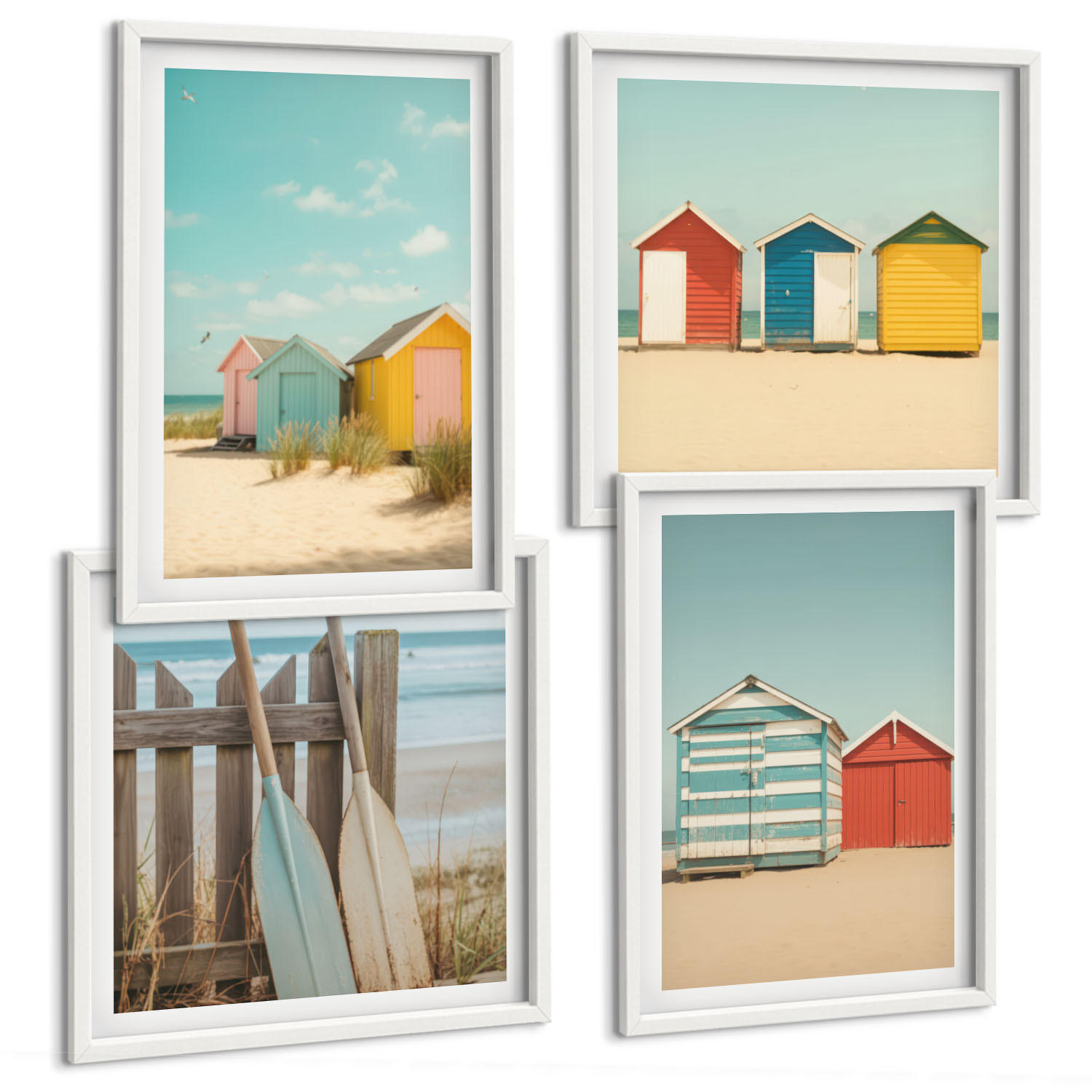 BILDER SET 4er Set - 50x50 cm & 40x60 cm Weißer Rahmen - Bunte Häuser, Strand, Sonne - Weiß, Kunststoff (50/50cm) - TULUP