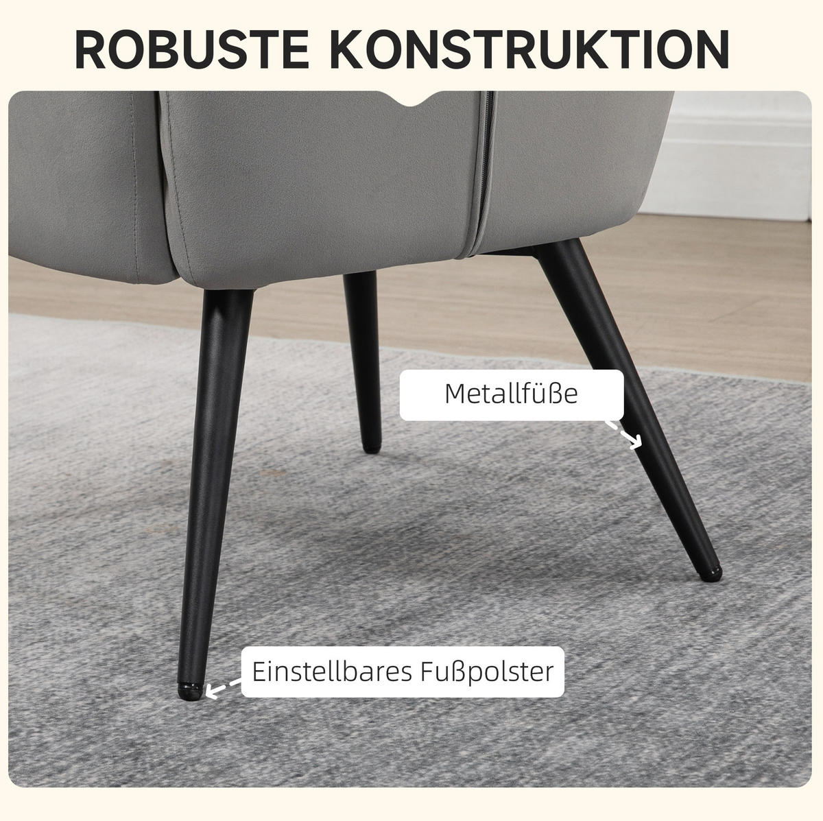 OHRENSESSEL-SET 73/77,5/98 cm in Hellgrau mit Hocker und Samtoptik - Hellgrau, Metall (77.5/98/73cm) - Flora Grace