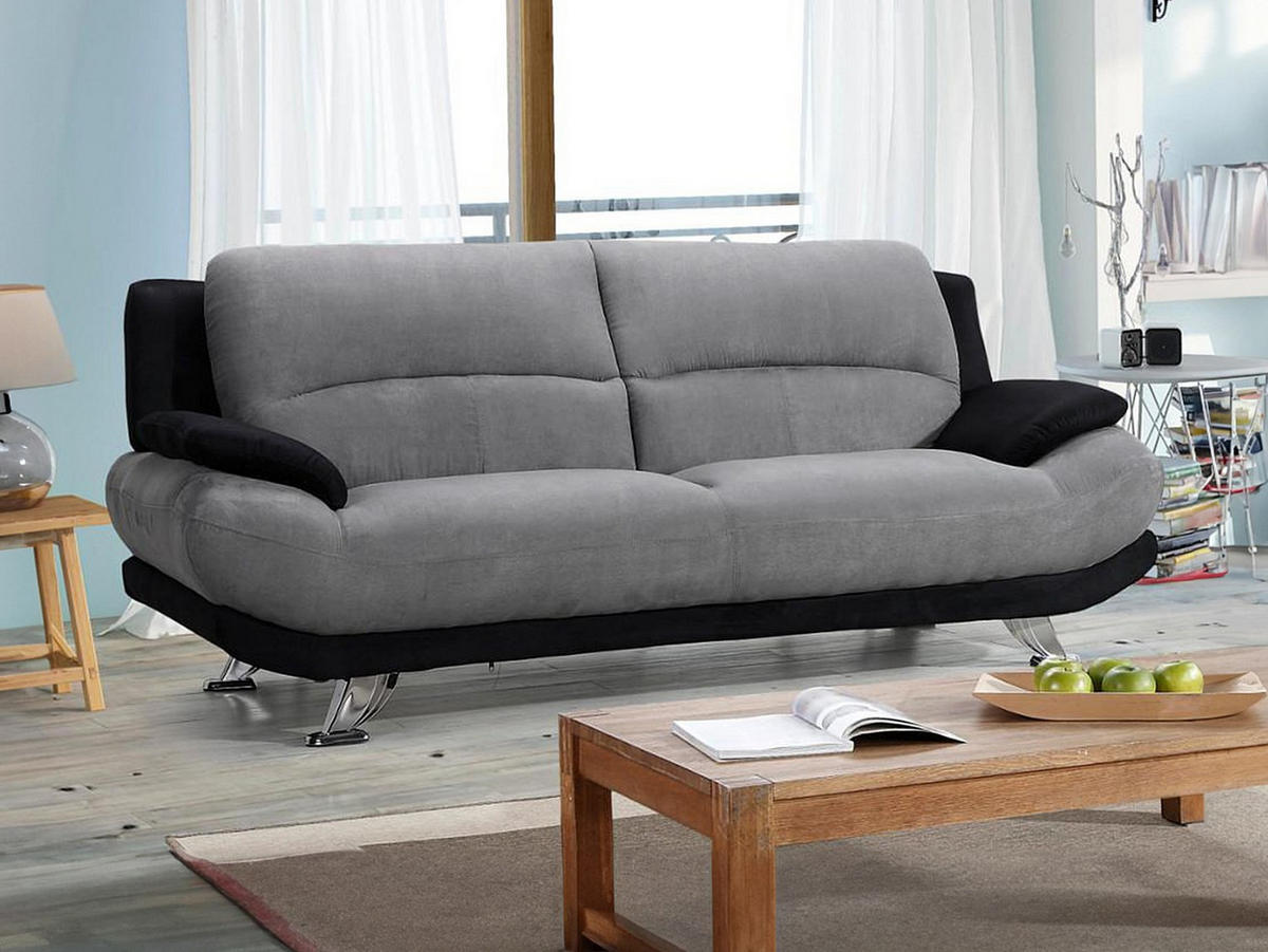 SOFA 3-Sitzer - Microfaser - Grau & Schwarz - MUSKO - Schwarz, Textil (200/89/91cm) - Vente-Unique