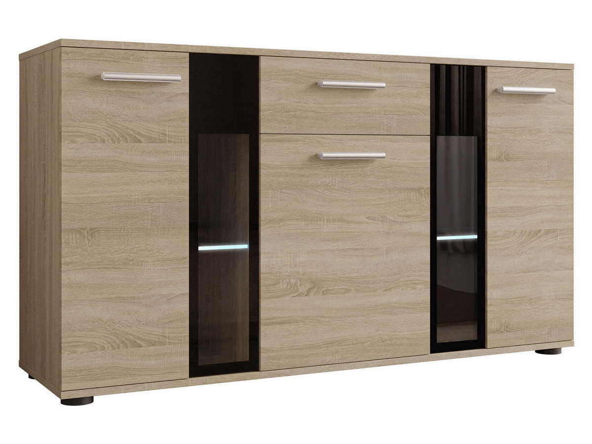 KOMMODE Salsa mit blauer LED Beleuchtung - Silberfarben/Sonoma Eiche, Holzwerkstoff (141/80/41cm) - MIRJAN24