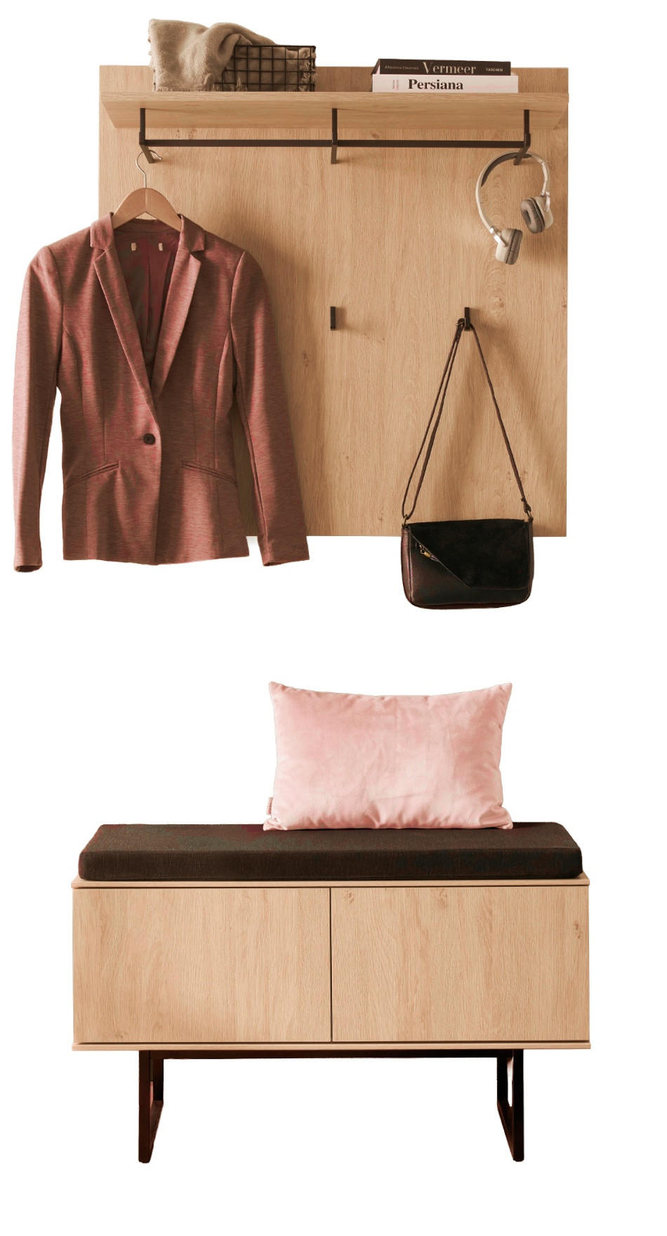 GARDEROBE-SET Stone Eiche 3-teilig 90 cm, Garderobenkombination in modernem Design - Eichefarben/Schwarz, Holzwerkstoff/Metall (90/200/40cm) - Furn.Design