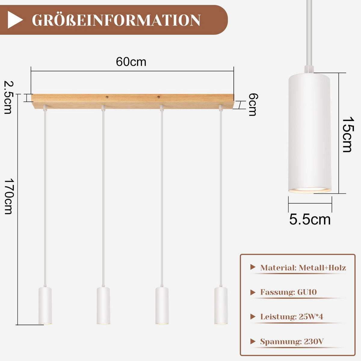 HÄNGELEUCHTE Glück 60/6/170 cm - Weiß, Holzwerkstoff (60/6/170cm) - Nettlife