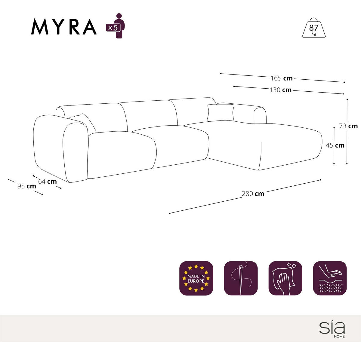 ECKSOFA RECHTS Rastergewebe Hellgrau 280cm - Hellgrau/Grau, Textil (280/165cm) - Sia Home