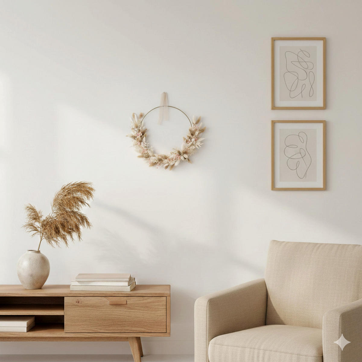 BLÜTENZART: Trockenblumenkranz in beige mit goldenem Ring - beige / 25 cm - Beige, Naturmaterialien (25cm) - Lykke & You
