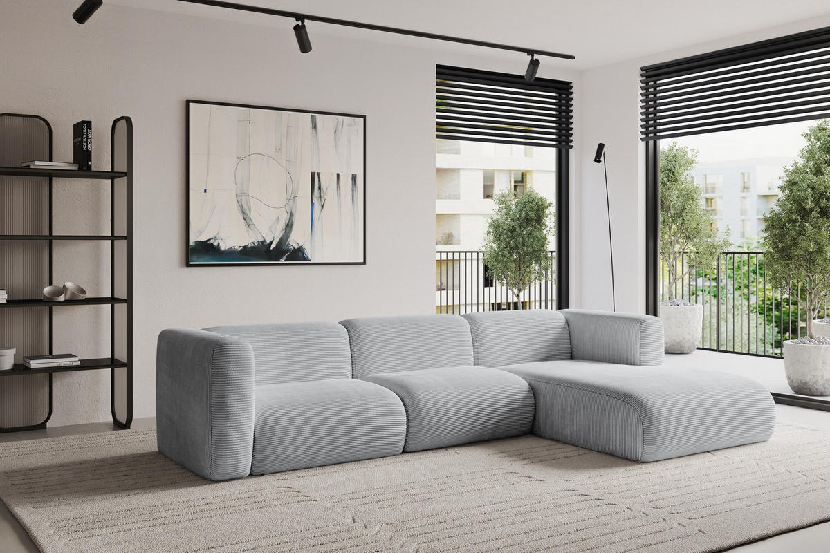 ECKSOFA Ottomane Rechts MIRA-L1 227x179x89 Grau Cord - Blaugrau/Schwarz, Holzwerkstoff/Kunststoff (227/179cm) - ALTDECOR