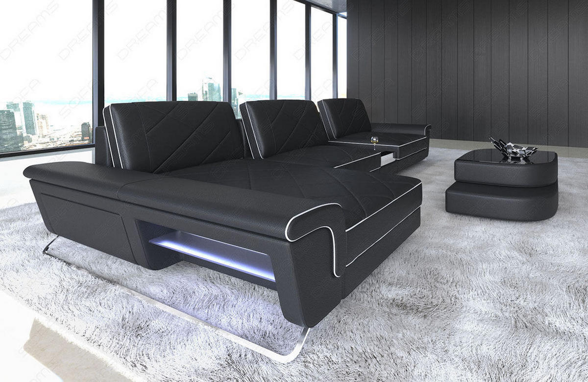 LEDERSOFA Bari L - Schwarz/Weiß, Leder (197/369cm) - Sofa Dreams