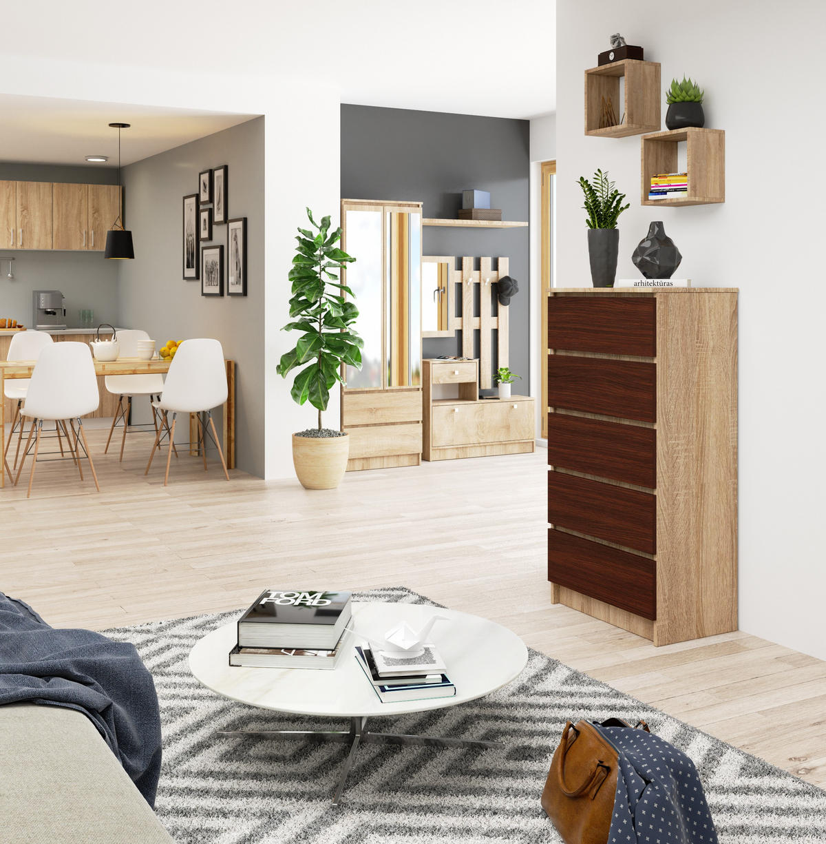 KOMMODE Eiche Sonoma, Dunkelbraun 121/60/40 - Dunkelbraun, Holzwerkstoff (60/121/40cm) - RAUMHIRSCH FURNITURE