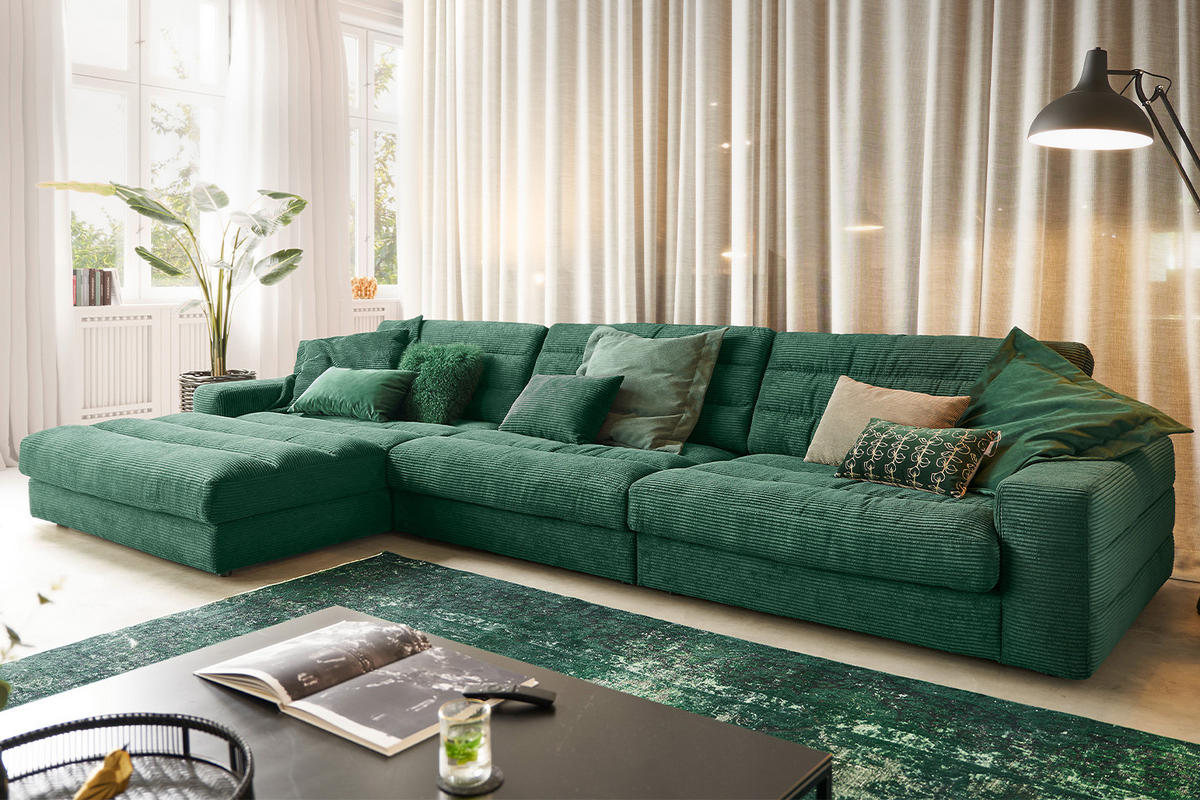ECKSOFA XL LANA Smaragdgrün Cord - Smaragdgrün/Schwarz, Textil (416/205cm) - KAWOLA