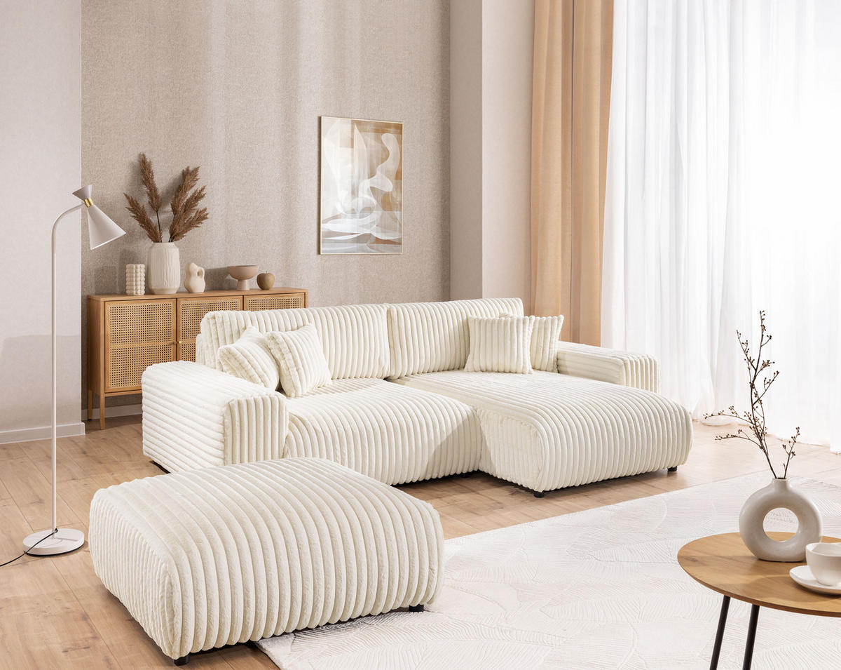ECKSOFA Mollis Hellbeige Plüschcord - Ottomane Rechts - Beige/Schwarz, Holz/Kunststoff (255/168cm) - S-Style Möbel