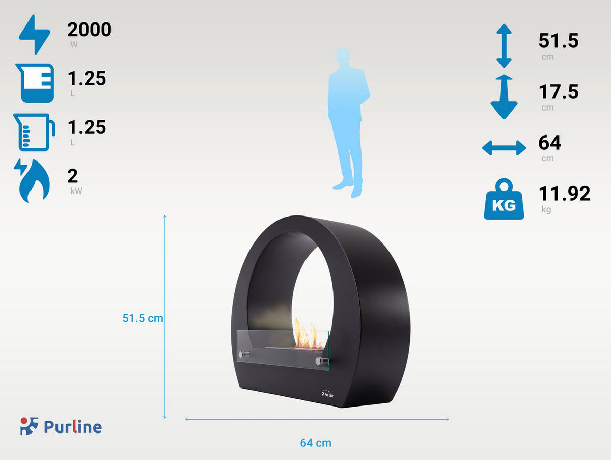 BIOETHANOL-KAMIN Schwarz Bodenmodell inklusive 1.25 L Brennblock - Schwarz, Metall (64/52/18cm) - Purline
