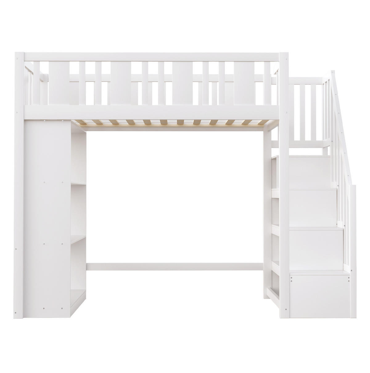 HOCHBETT 90/200 cm mit Stauraumtreppe in Weiß aus Kiefernholz mit Matratze - Weiß, Holzwerkstoff (90/200cm) - OKWISH