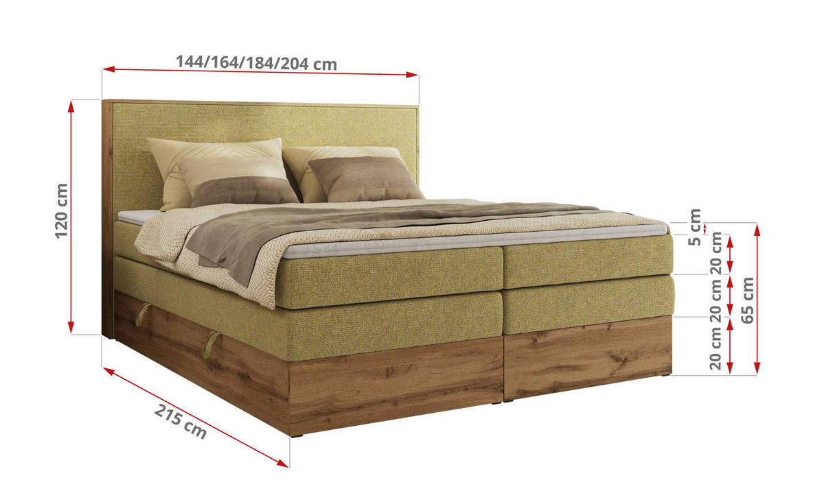 BOXBETT WOOD CLASSIC KING 140/200 - Gelb Strukture - H3 - Gelb, Textil (140/200cm) - MKS