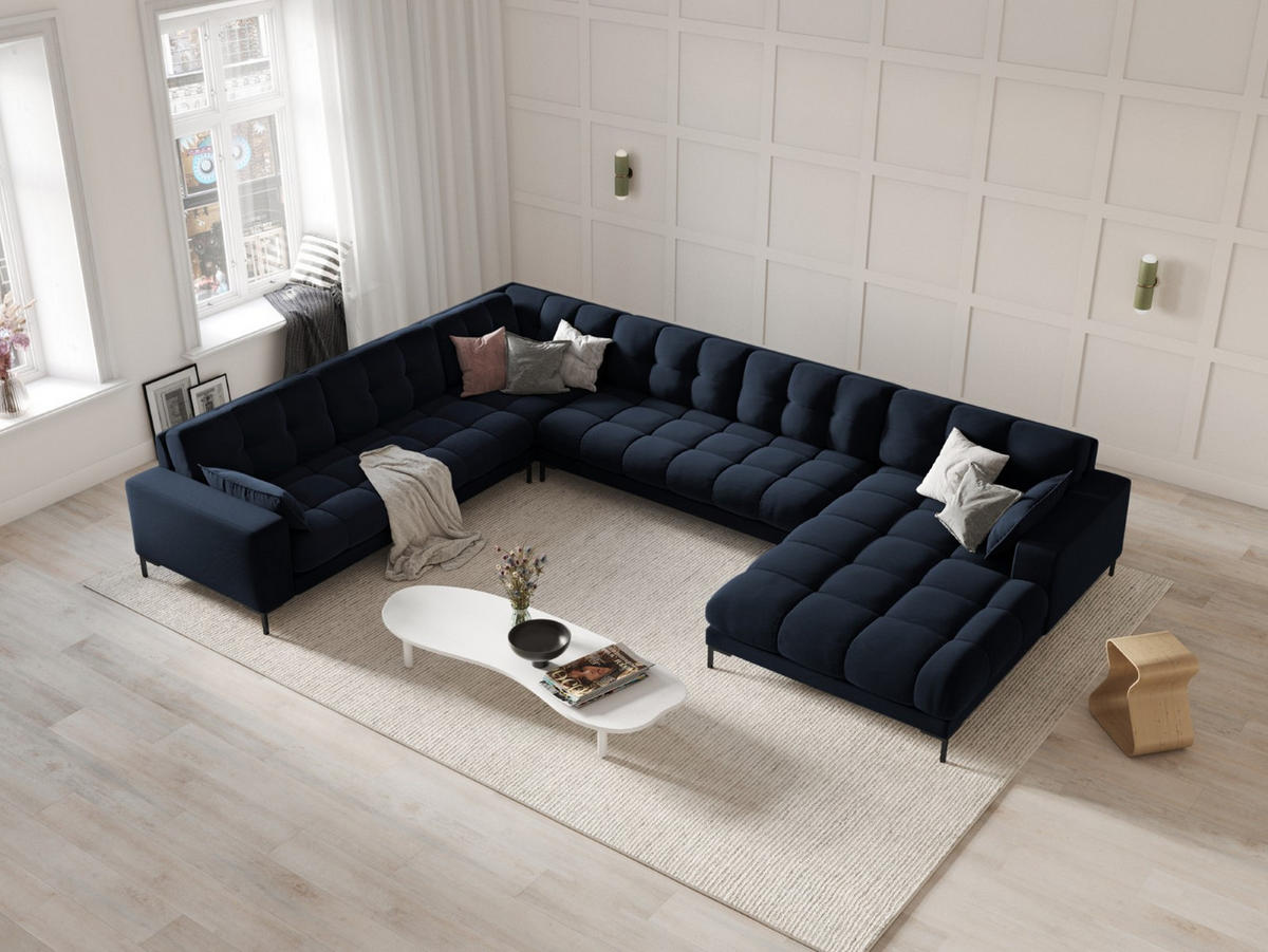 PANORAMASOFA links Mamaia aus Samt dunkelblau 7 Sitzplätze - Blau, Textil (256/75/327cm) - Micadoni