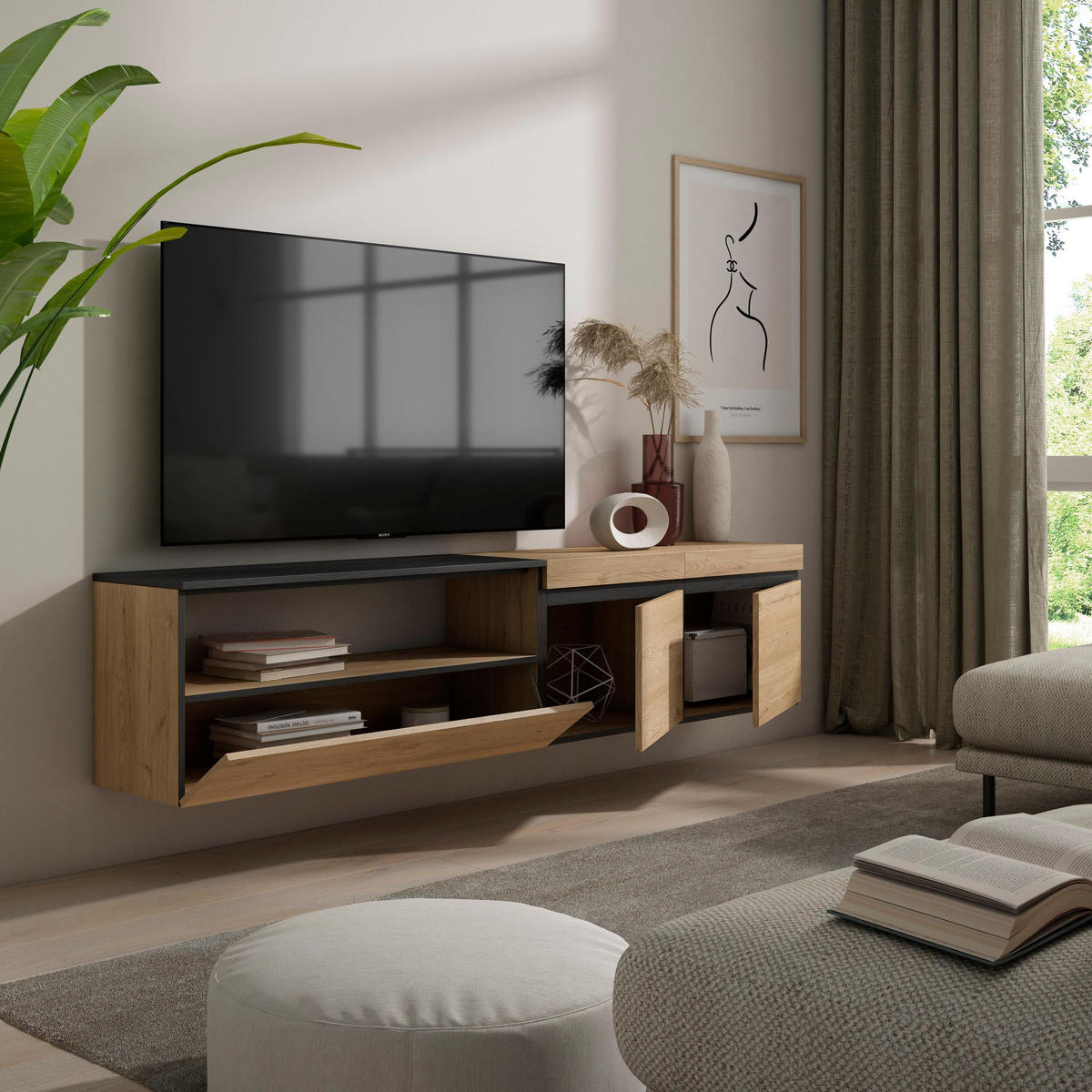 LOWBOARD Hängend, eiche, schwarz, 200/35/45cm - Naturfarben, Holzwerkstoff (200/45/35cm) - Skraut Home