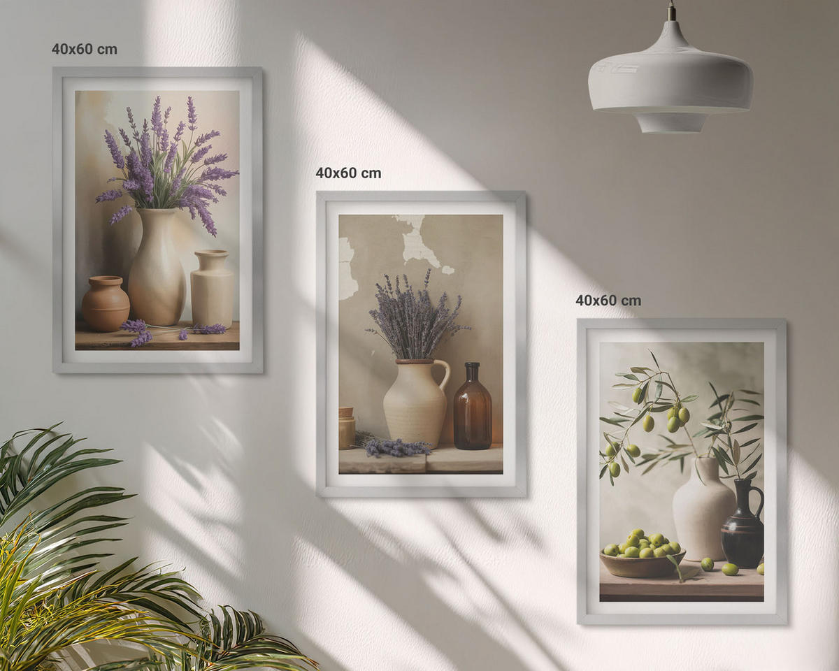 WANDBILDER 3er Set - 40x60 cm Silberner Rahmen - Blumen in Vasen, Oliven, Dekorationen - Silberfarben, Kunststoff (40/60cm) - ArtPrintCave
