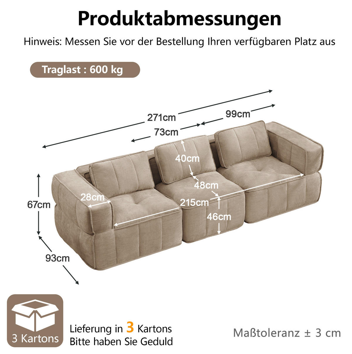 SOFA modular ohne Montage Polyester Sand - Sandfarben, Textil (217/67/93cm) - IVMEU