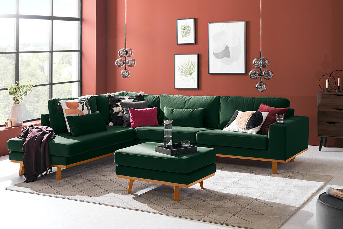 ECKSOFA mit Ottomane - Buchefarben/Grün, Textil (287/219cm) - home24