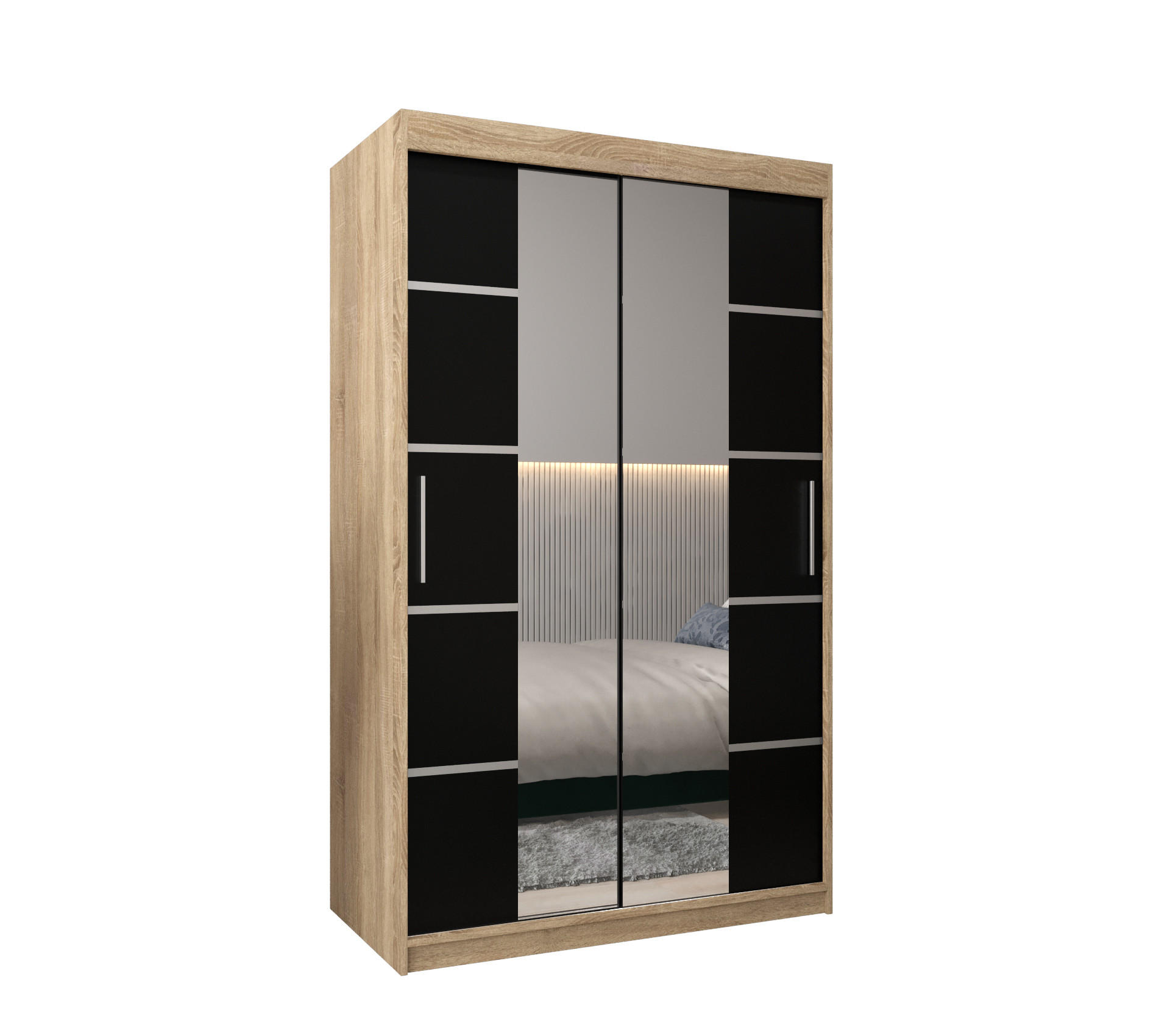 Möbel Kryspol Schwebetürenschrank Sonoma Eiche, Schwarz, Silber 120x200x62 cm