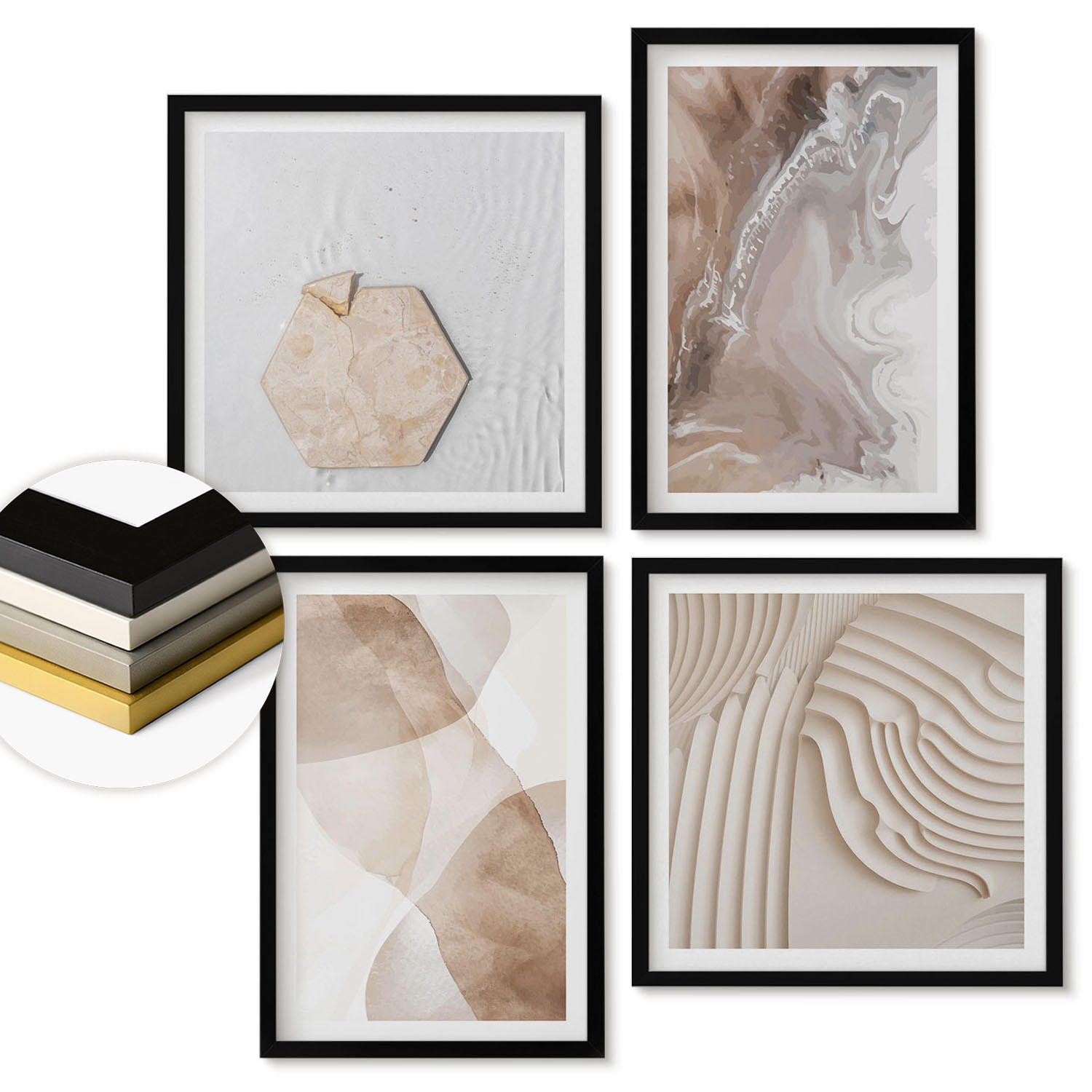WANDBILDER 4er-Set - 50x50 cm & 40x60 cm Schwarzer Rahmen - Abstrakte bemalte Strukturen - Schwarz, Kunststoff (50/50cm) - ArtPrintCave