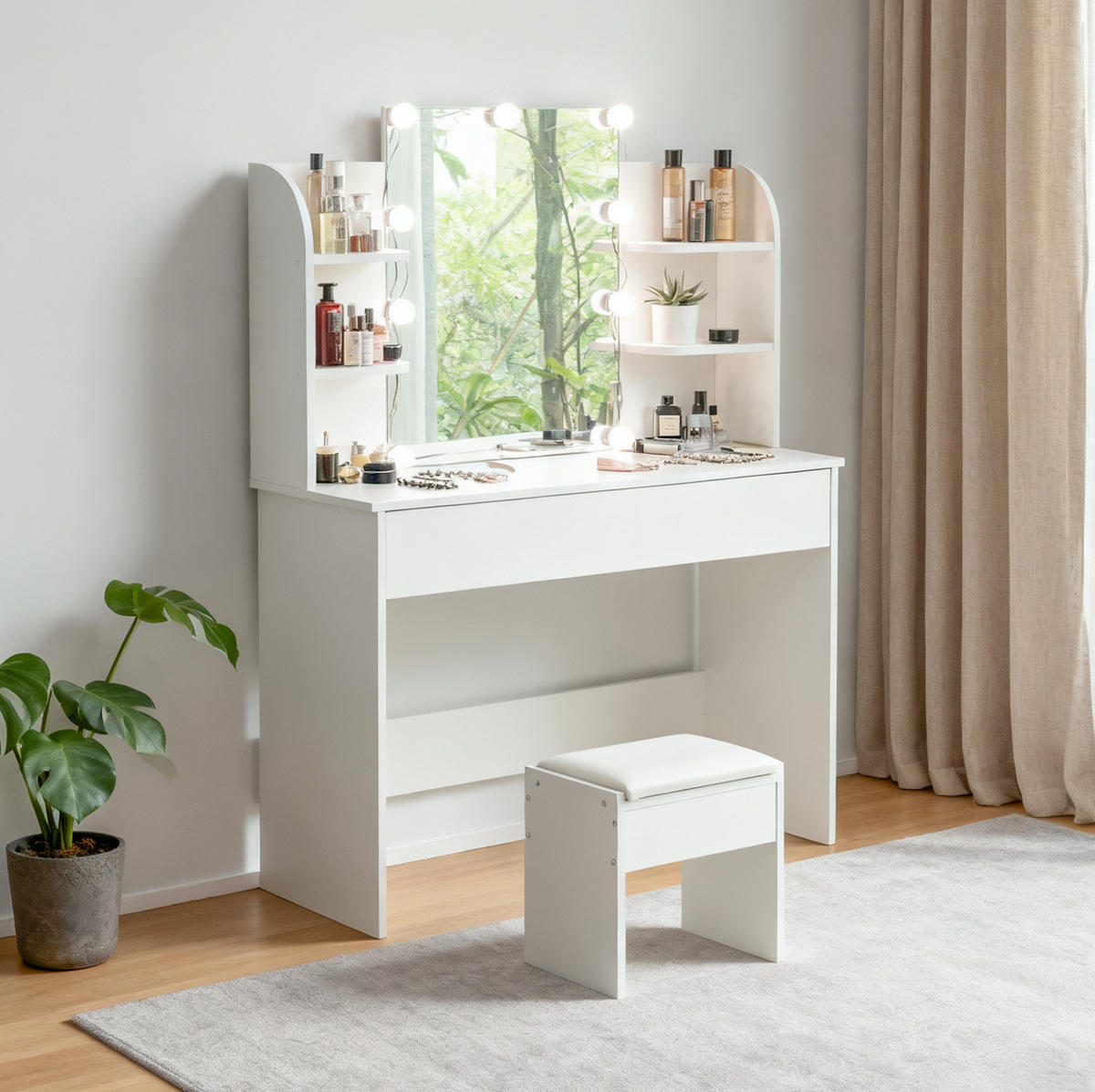 SCHMINKTISCH 40/105/130 cm Weiß aus MDF mit LED-Beleuchtung und Hocker - Weiß, Holzwerkstoff (40/130/105cm) - OKWISH