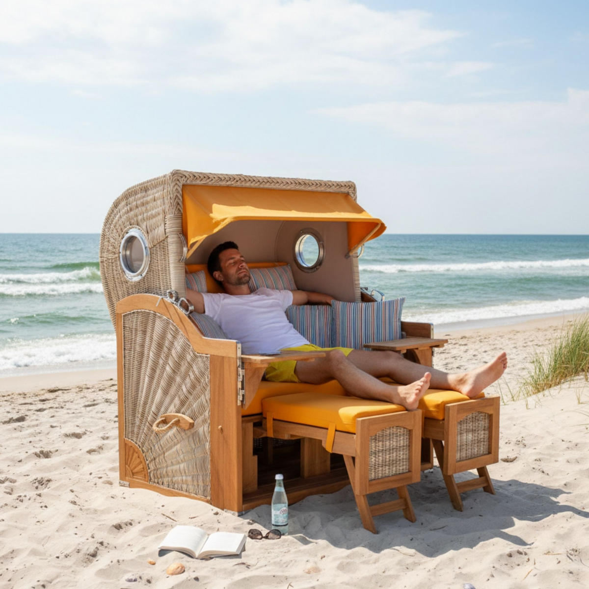 STRANDKORB XXL Düne Grande Teak PE Shell - Gelb/Braun, Metall (142/170/95cm) - Mr. Deko