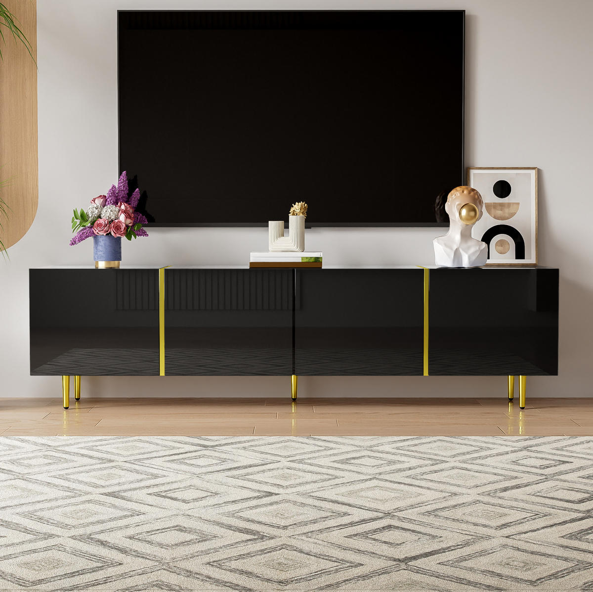 NÍZKA komoda, 170/35/46 cm, MDF čierna vo vysokom lesku so 4 dvierkami - čierna, kompozitné drevo (170/46/35cm) - BEAOK