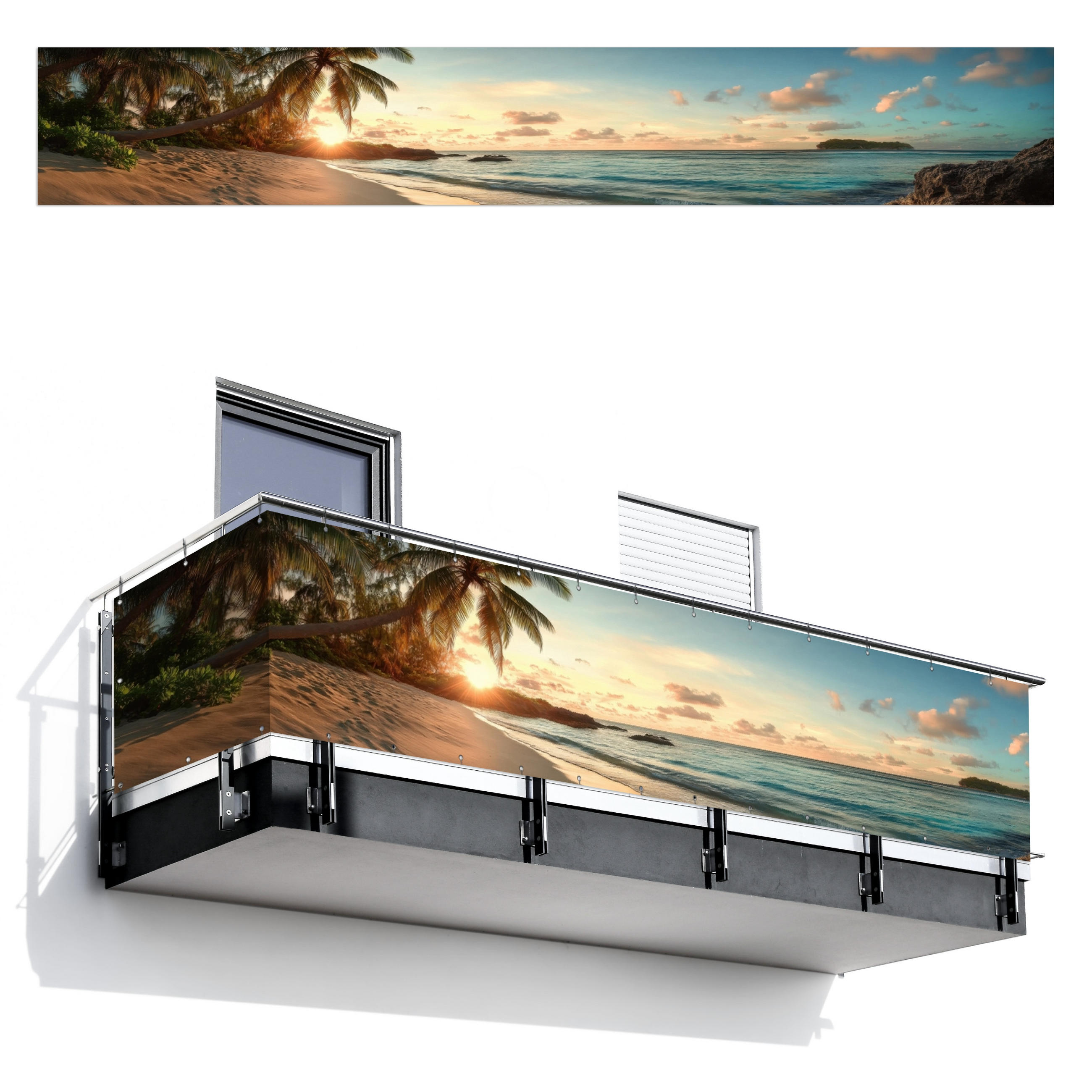 MuchoWow BALKONOVÁ ZÁSTĚNA Pláž - palmy - oceán - západ slunce 500x80 cm