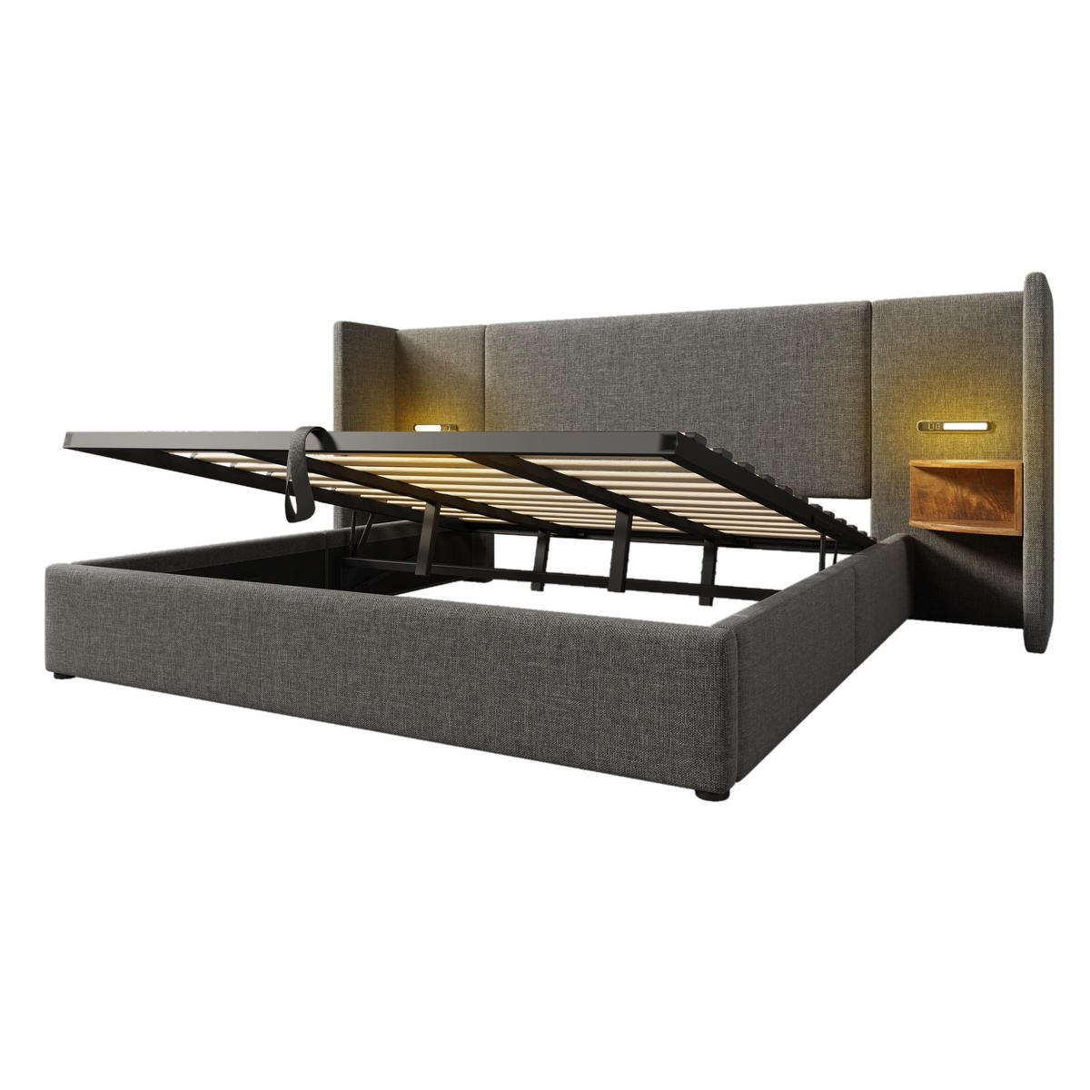 POLSTERBETT 180/200 cm mit hydraulischem Bettkasten, Kopfteil-Regal, LED-Leselampe & USB/Type-C, Grau - Grau, Textil (180/200cm) - Redom