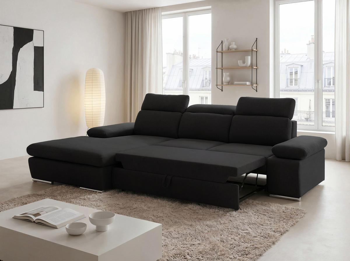 ECKSOFA PABLO mit Schlaffunktion und Bettkasten Schwarz - Schwarz, Holzwerkstoff/Kunststoff (250/90cm) - Idohome
